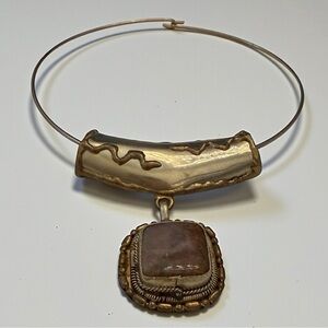 Vintage ‘60s Brutalist Metal Choker Necklace with Purple Gemstone